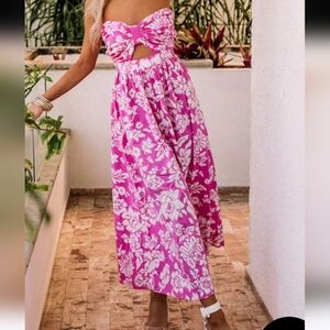 Aakaa Pink Floral Strapless Wide Leg Jumpsuit Sz Small